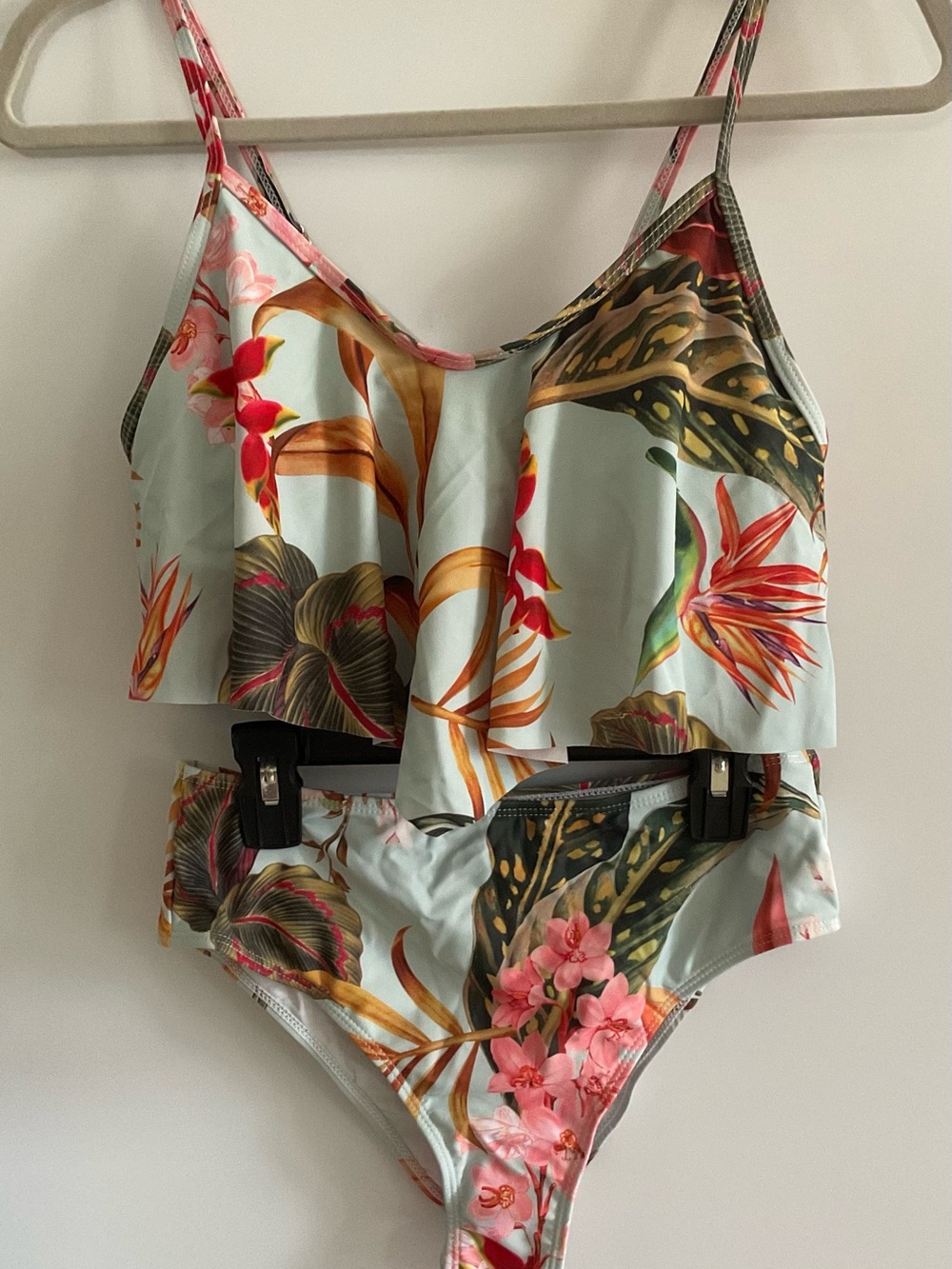 SHEIN Floral Print Light Blue Ruffle Two-Piece Bikini